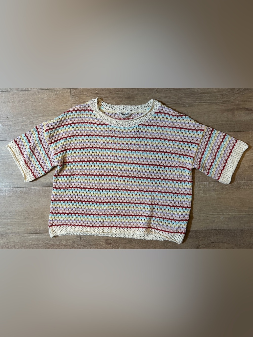 Cream Striped Crochet Short-Sleeve Sweater